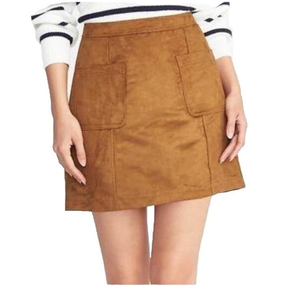 Faux Suede A Line Mini Skirt Y2K Size 0 Zipper Pockets Brown Cognac Old Navy - Picture 1 of 12